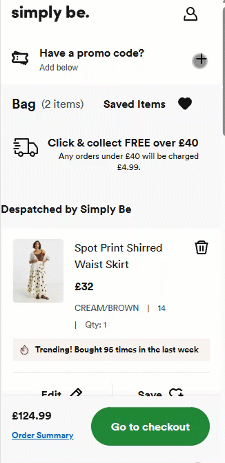 Bag page showing ‘Have a promo code?’ box at the top